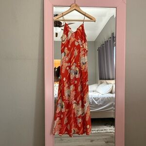 Vintage 100% Silk Asian Patterned Red Slip Dress